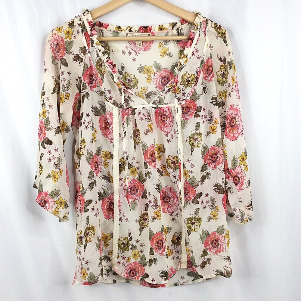 Decree Floral Boho Top Women's Size Small Sheer Tie Neck Lace Cottage Core